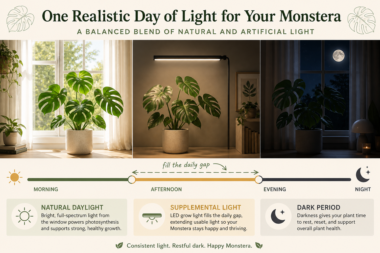 Diagram showing natural daylight, supplemental grow light, and a dark period across one indoor day.