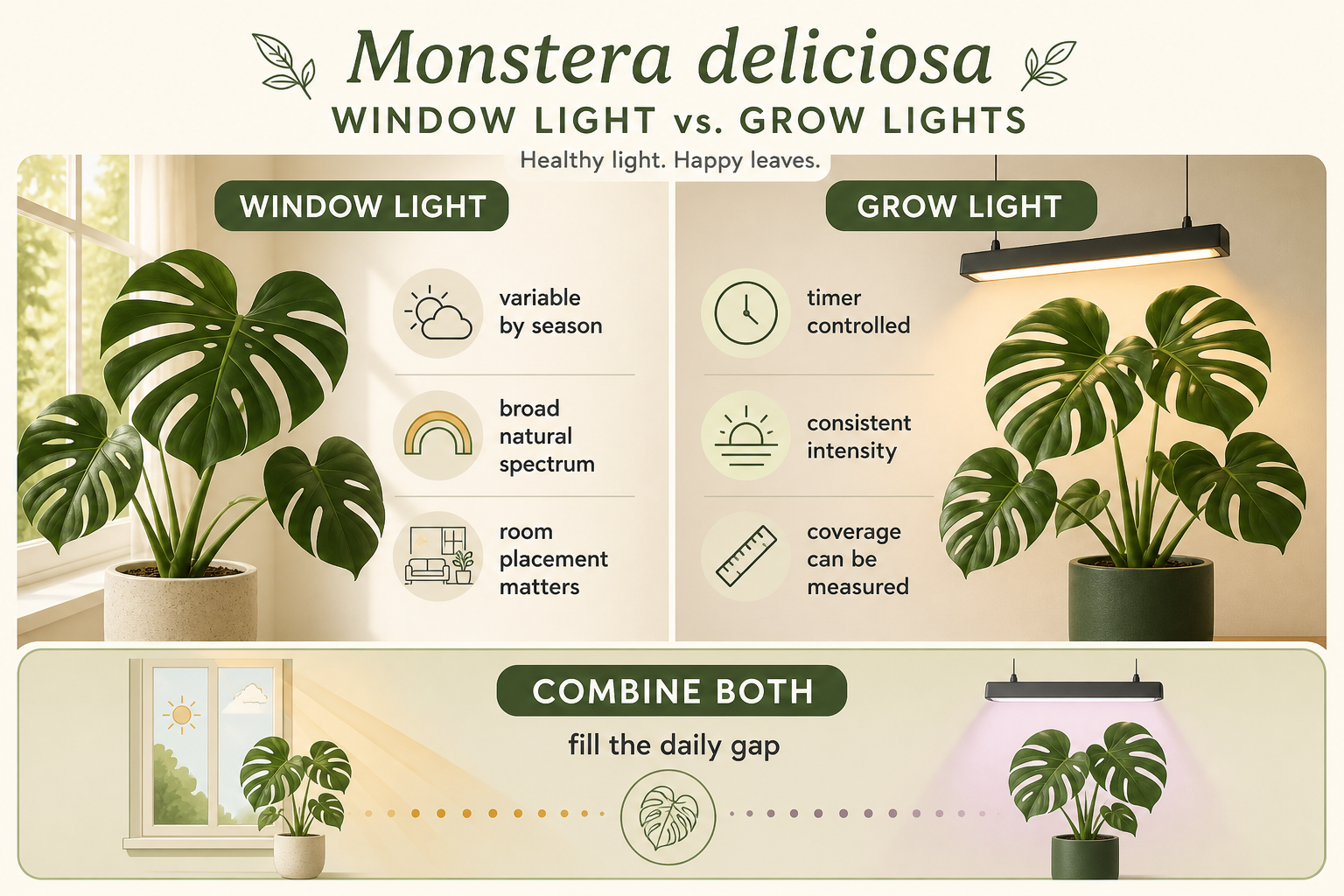 Infographic comparing window light and grow lights for Monstera care.