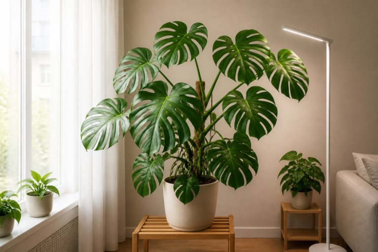 Healthy Monstera positioned between a bright filtered window and a slim white LED grow light.
