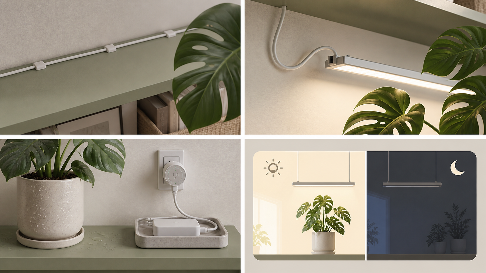 Infographic showing tidy cable routing and timer placement for an apartment grow light