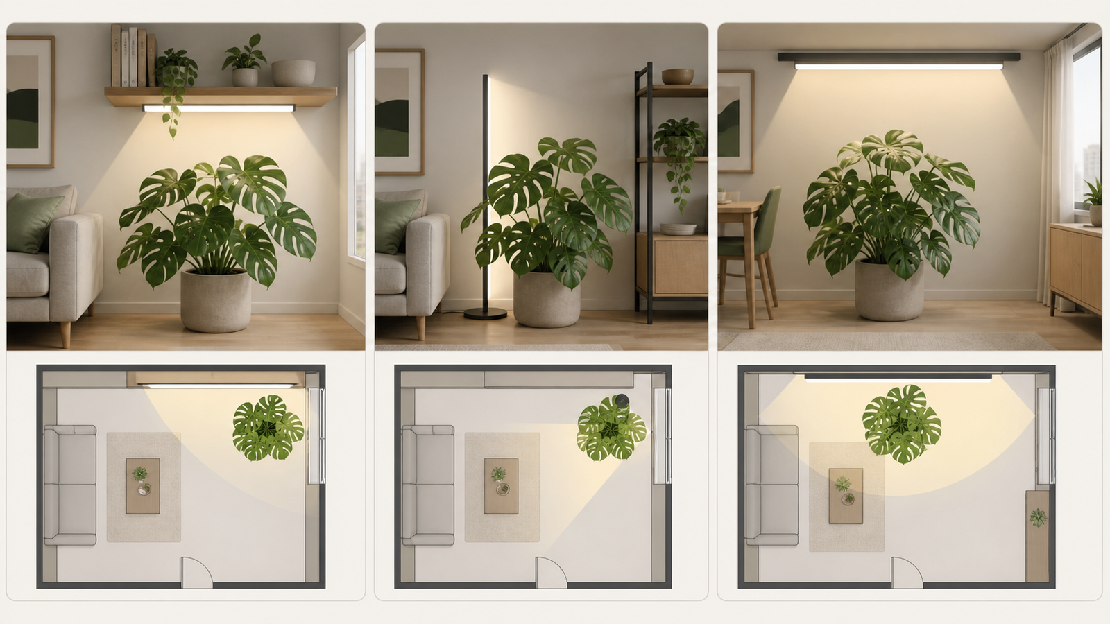 Infographic showing three space-saving apartment Monstera grow-light layouts