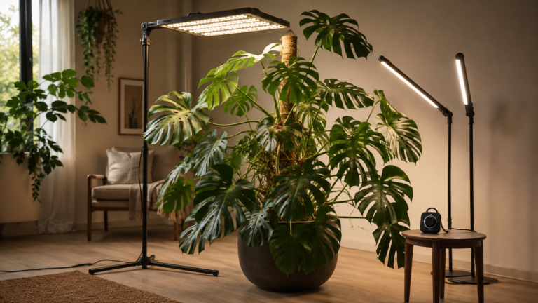 Large Monstera under a broad panel with bar-light alternatives and controls