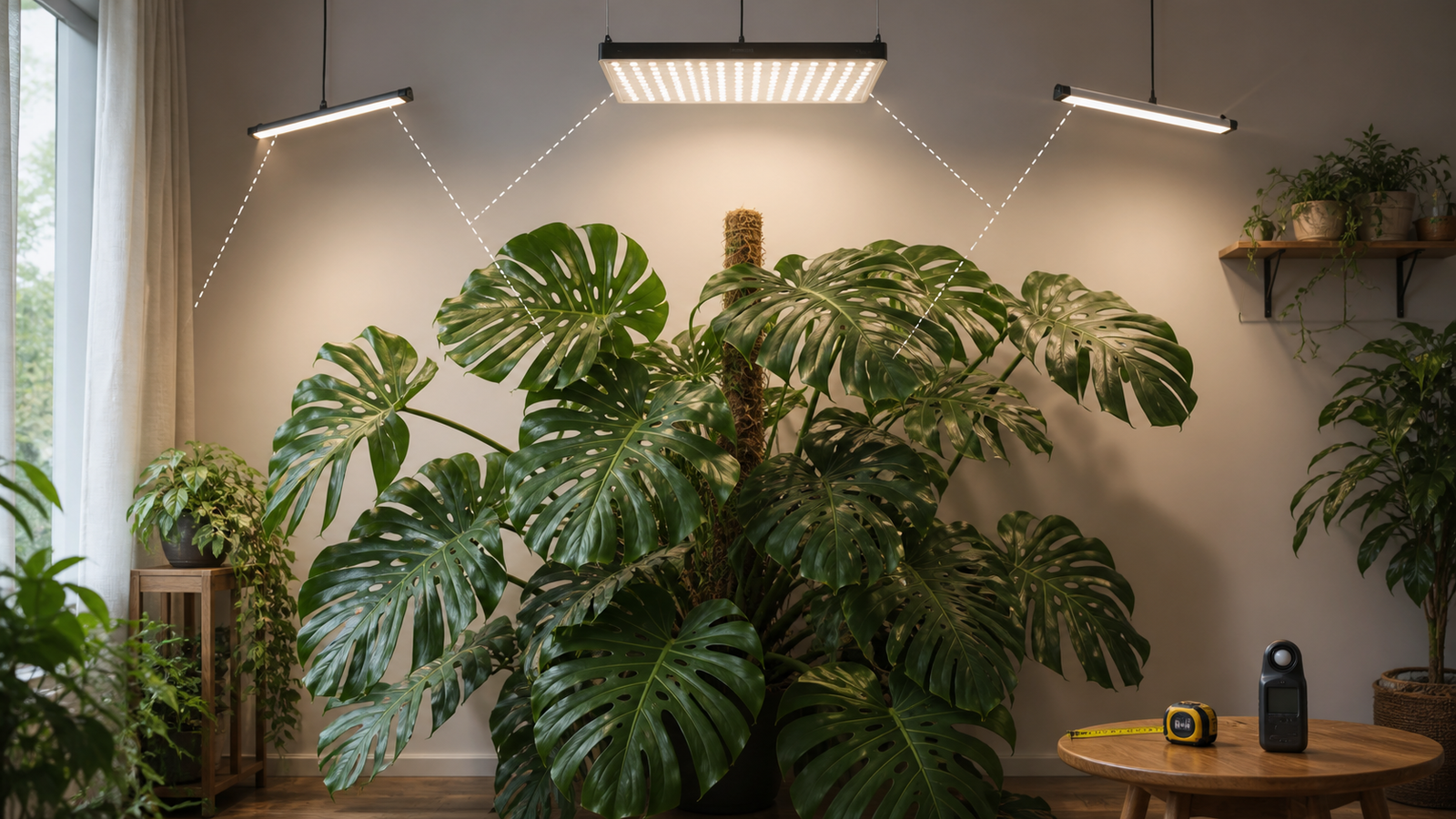 Large Monstera beneath one broad LED panel and two slim bar lights