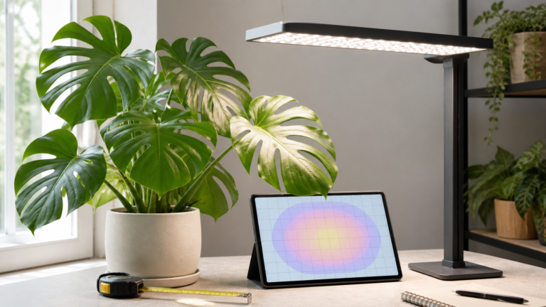 Monstera under an LED grow light beside a PPFD-style chart and tape measure