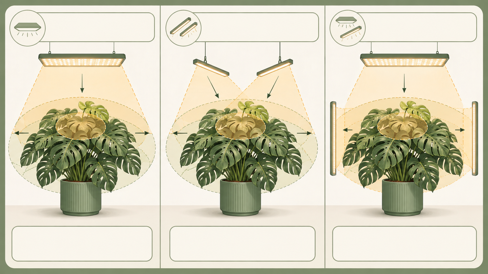 One panel, two bars, and overhead plus side-fill coverage for a large Monstera
