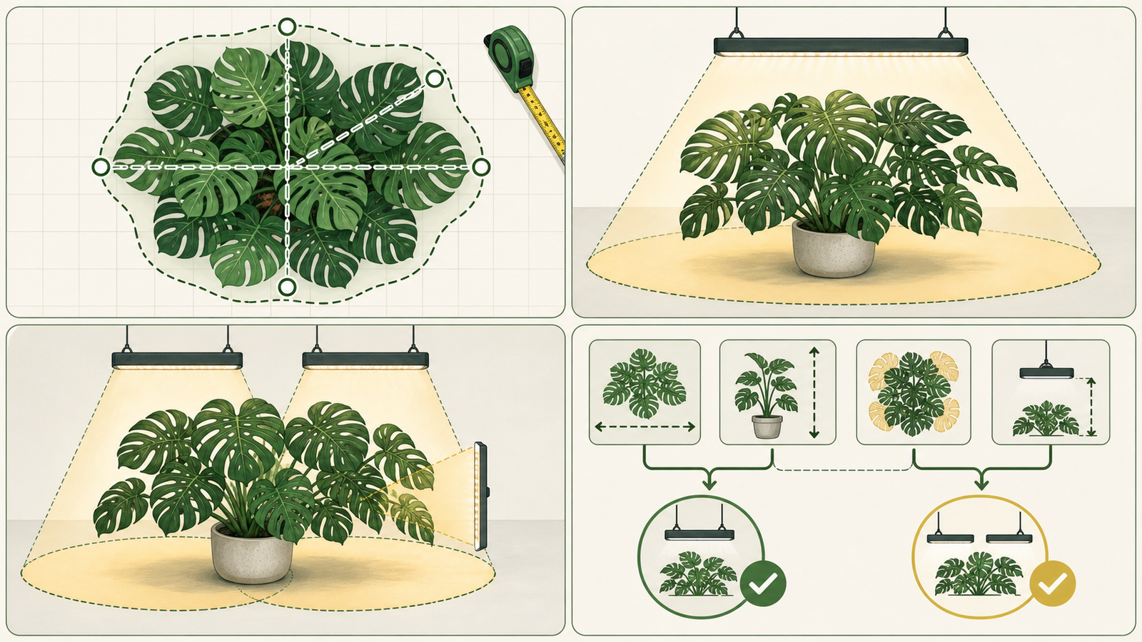 Infographic showing canopy mapping and the decision path for one or two Monstera grow lights