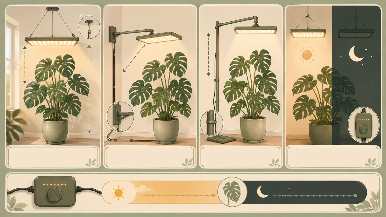 Ceiling, wall-arm, floor-stand, and timer-control options for a large Monstera grow light
