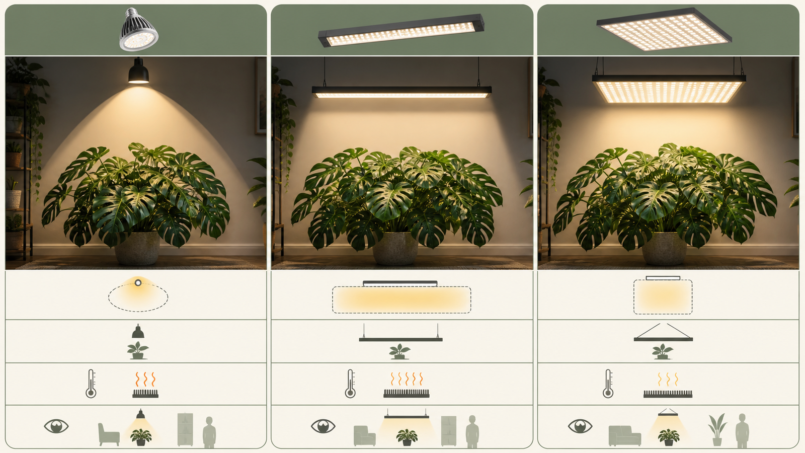 Infographic comparing LED bulb, bar, and panel light footprints for Monstera