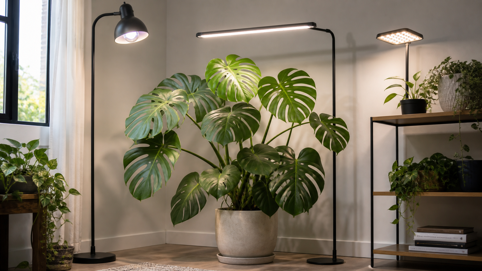 Monstera surrounded by an LED bulb, bar, and panel grow-light setup