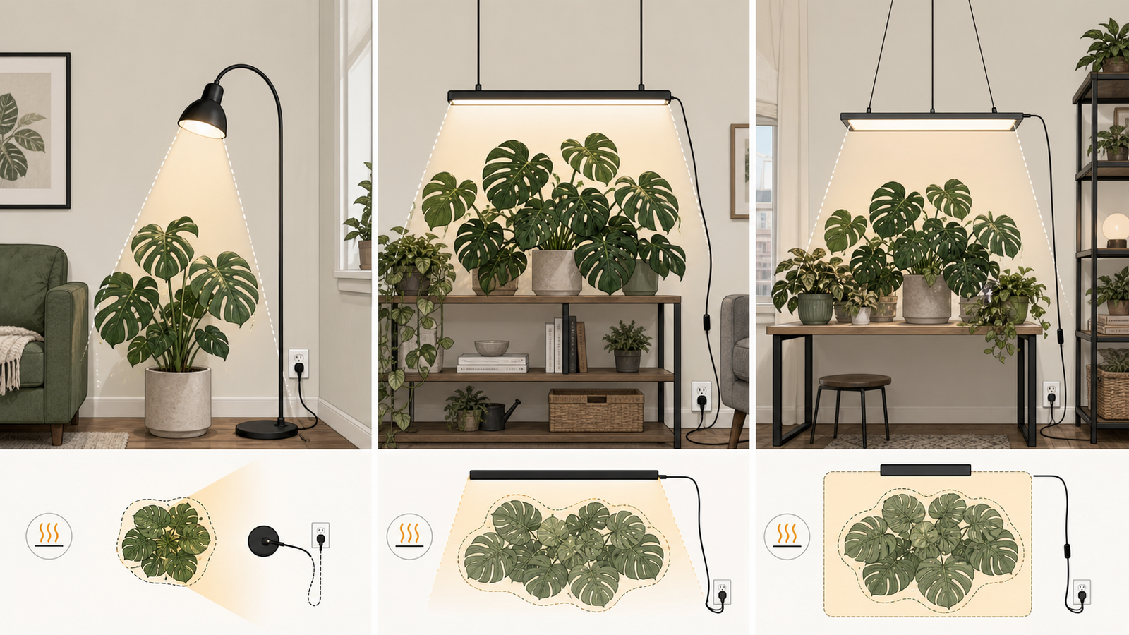 Infographic showing bulb, bar, and panel placement around a Monstera in a room