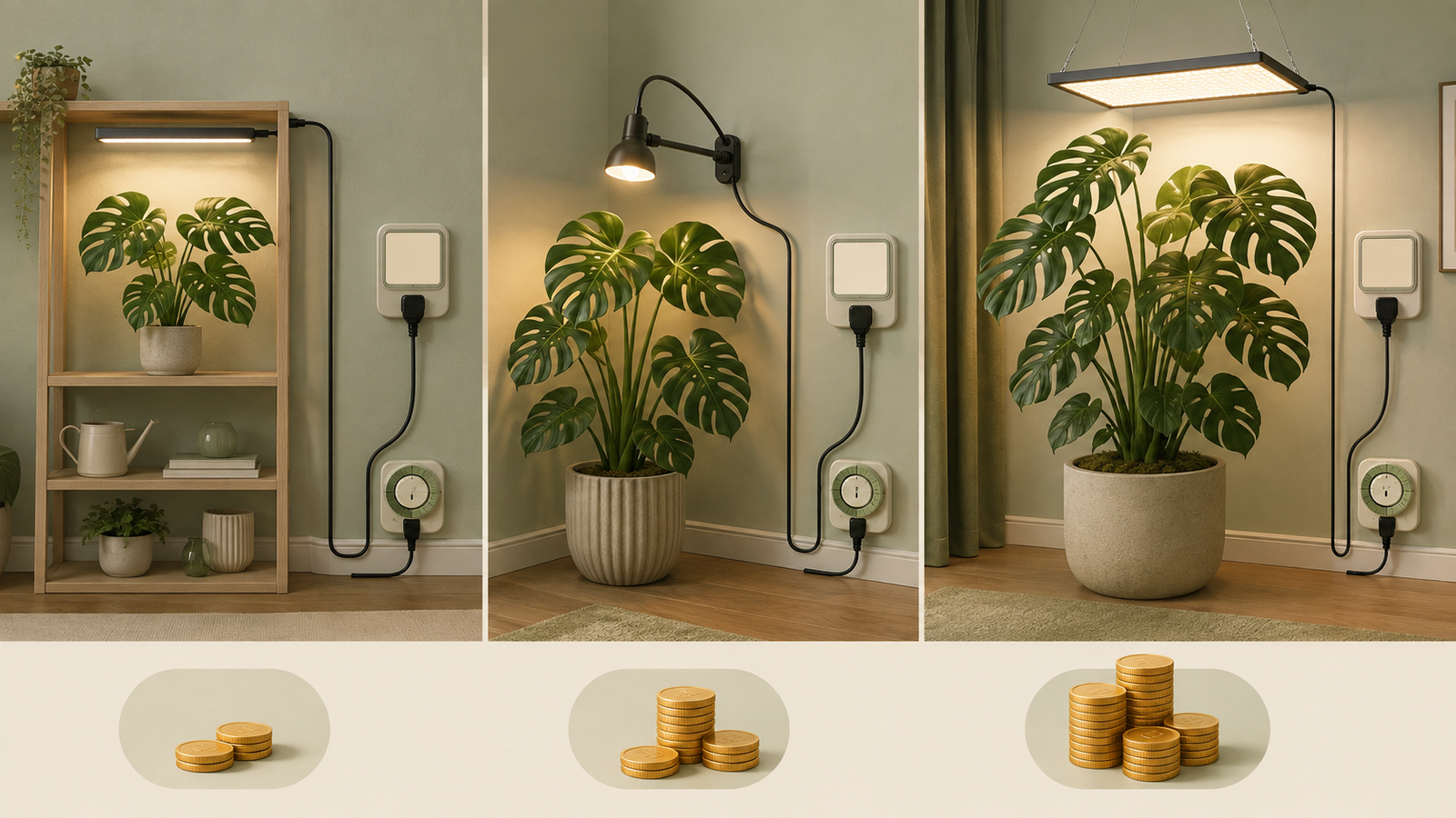 Shelf, corner, and floor Monstera setups with relative energy-use visuals