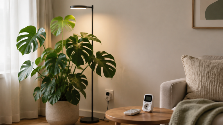 Monstera beside a grow light, plug energy meter, and calculator in a home