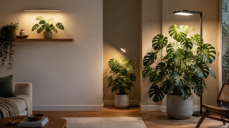 Three Monstera placements with a shelf bar, corner arm light, and floor panel