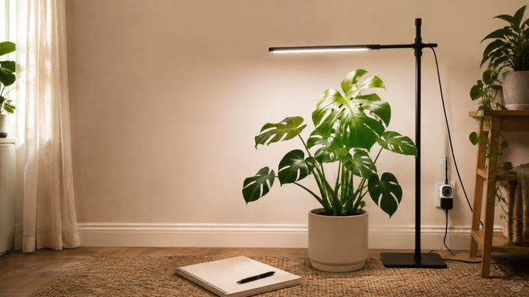 Medium Monstera beside an adjustable starter grow light and plug timer