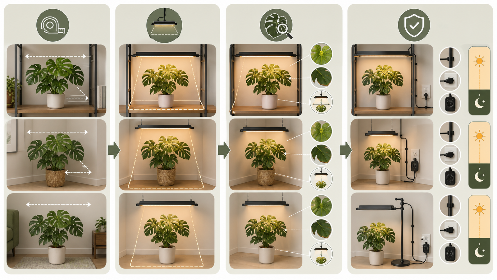 Visual workflow for measuring canopy, aligning coverage, checking leaves, and setting a timer