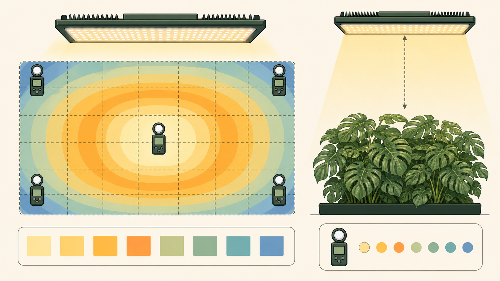 Infographic showing PPFD grid zones across a Monstera grow-light footprint