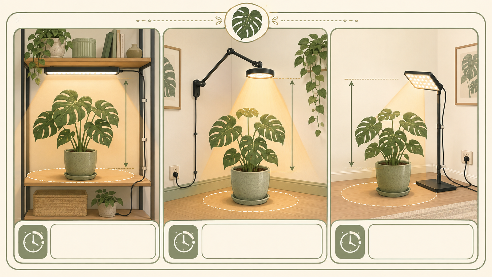 Shelf, corner, and floor placement options for a Monstera grow light