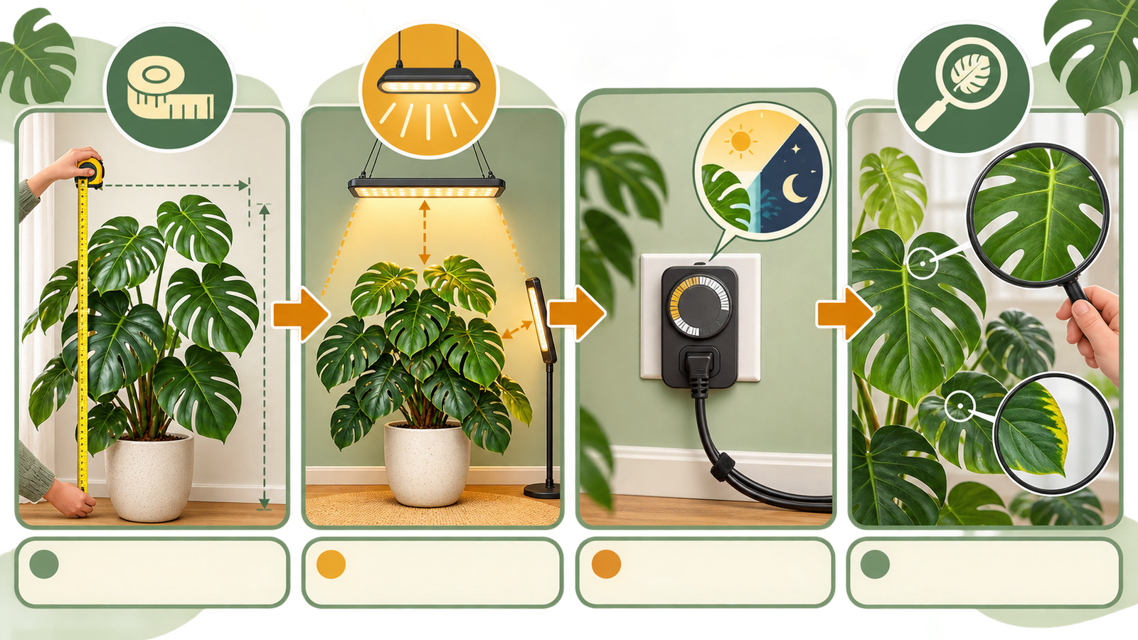 Four-step Monstera grow-light starter setup checklist