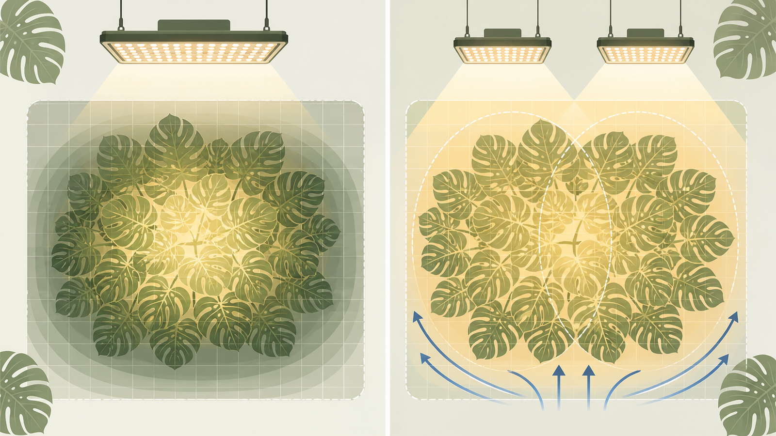 Infographic comparing one overhead panel with two fixtures across a large Monstera canopy
