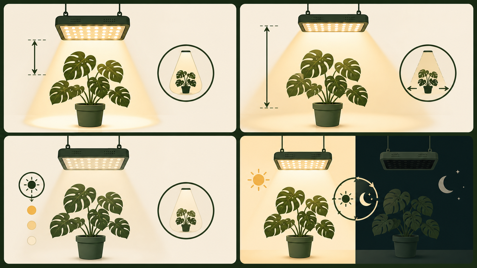 Infographic showing how distance, dimming, and light hours change a PPFD setup