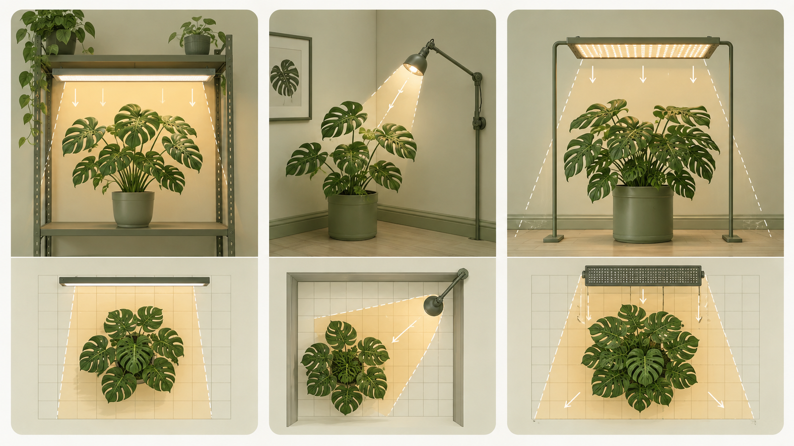 Visual comparison of a shelf bar, corner arm light, and floor plant panel