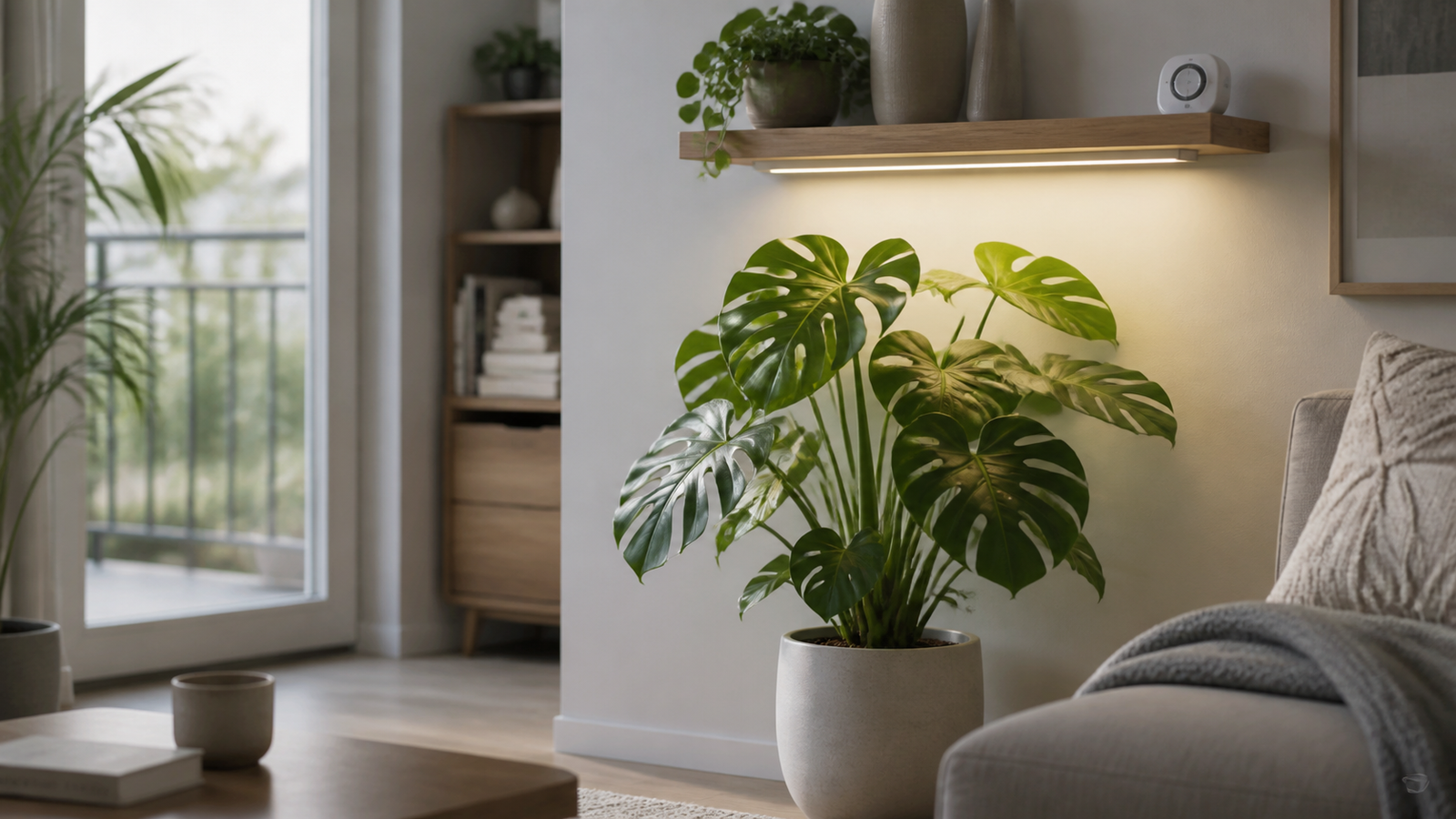Stylish small apartment living room with a Monstera and discreet LED grow light