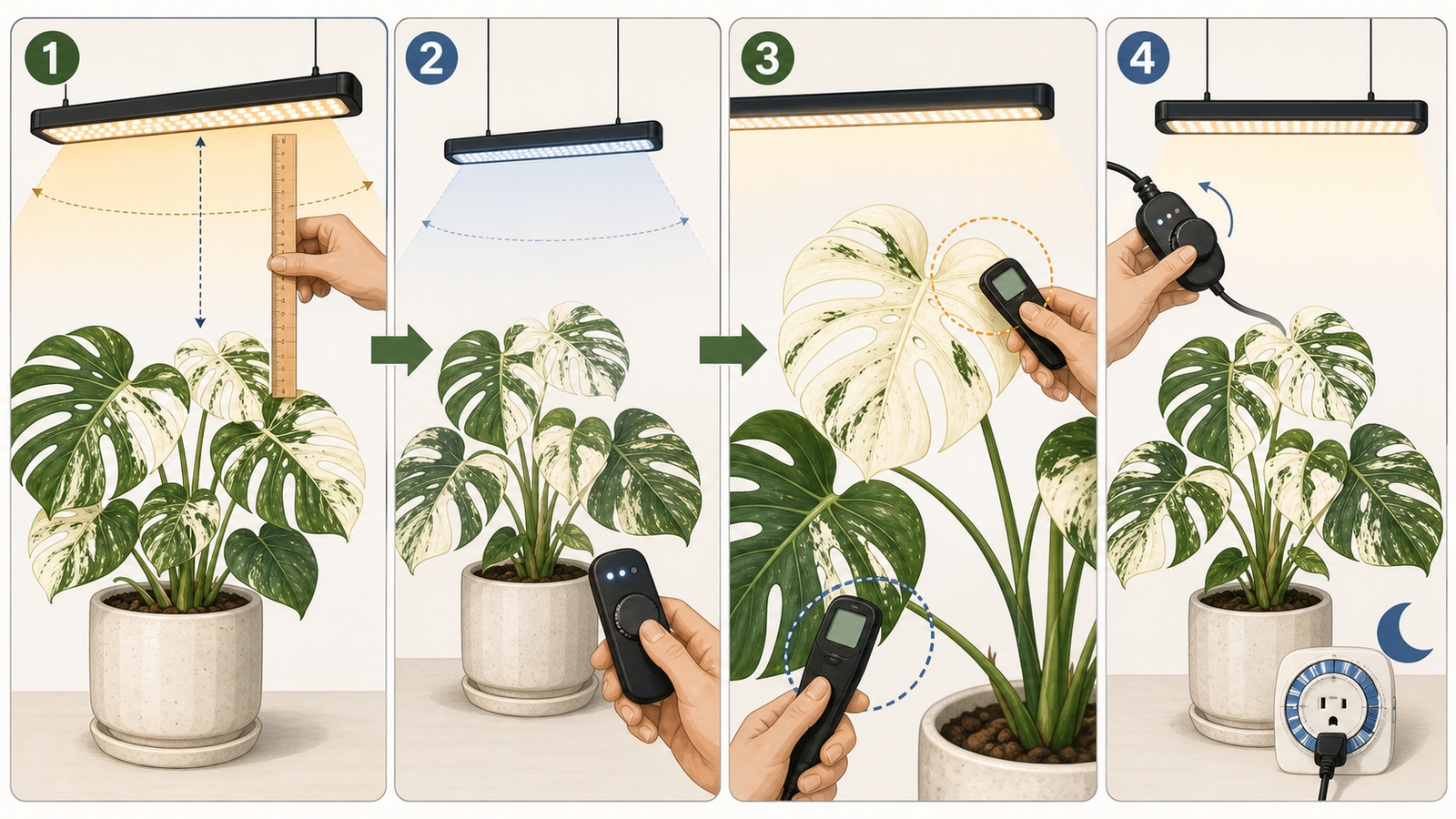 Step-by-step variegated Monstera grow-light acclimation