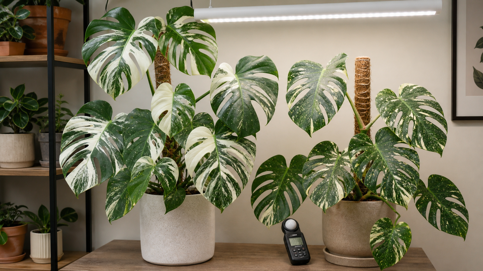 Variegated Monstera Albo and Thai Constellation beneath a measured LED grow light