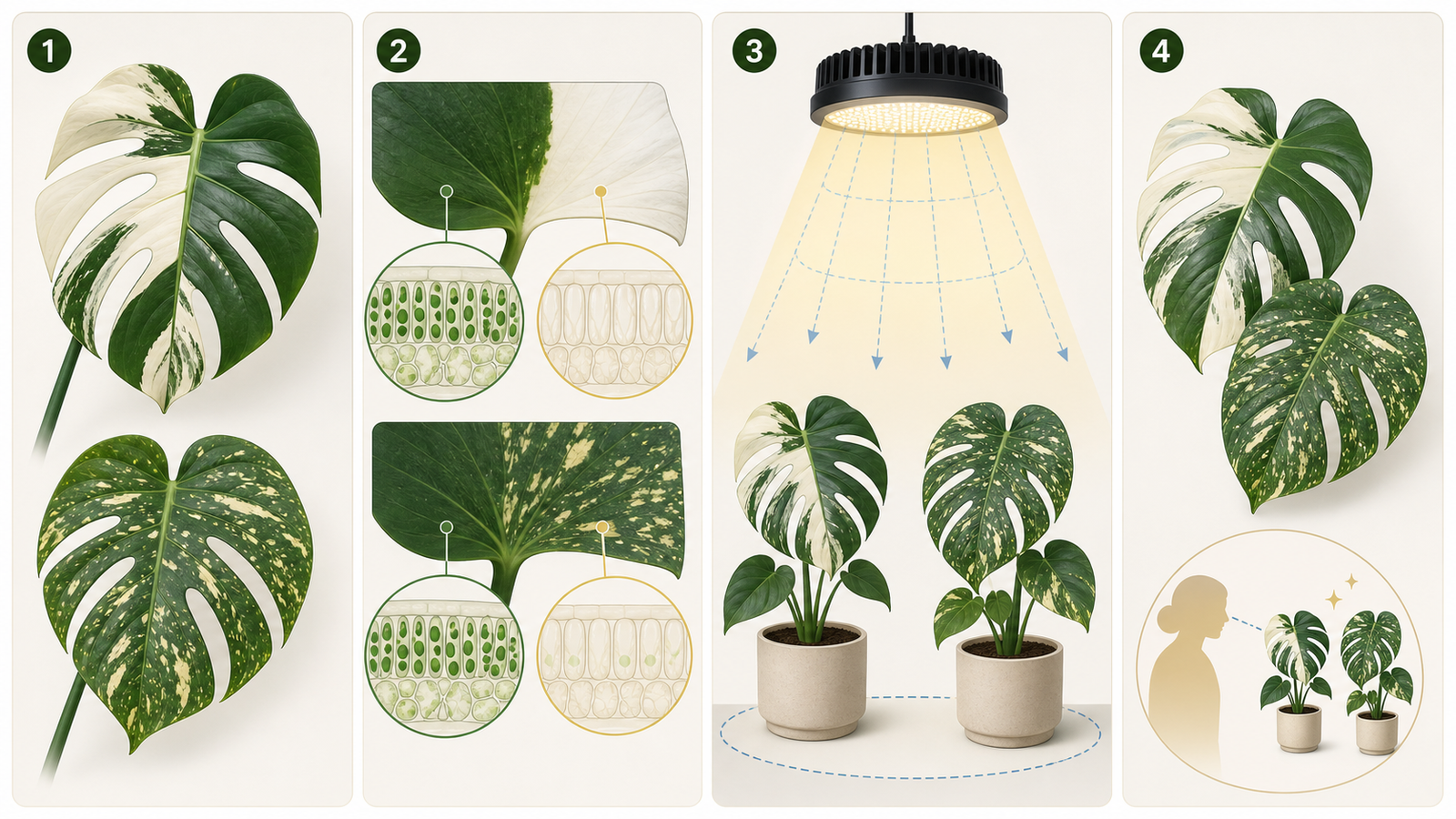 Green and pale variegated Monstera tissue under a grow light